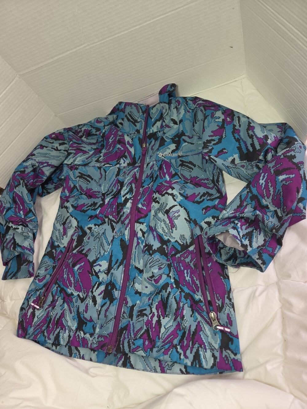 Columbia Jacket Girls Sz 7 8 Blue Abstract Waterproof Ski Snow 3in1 Shell Winter
